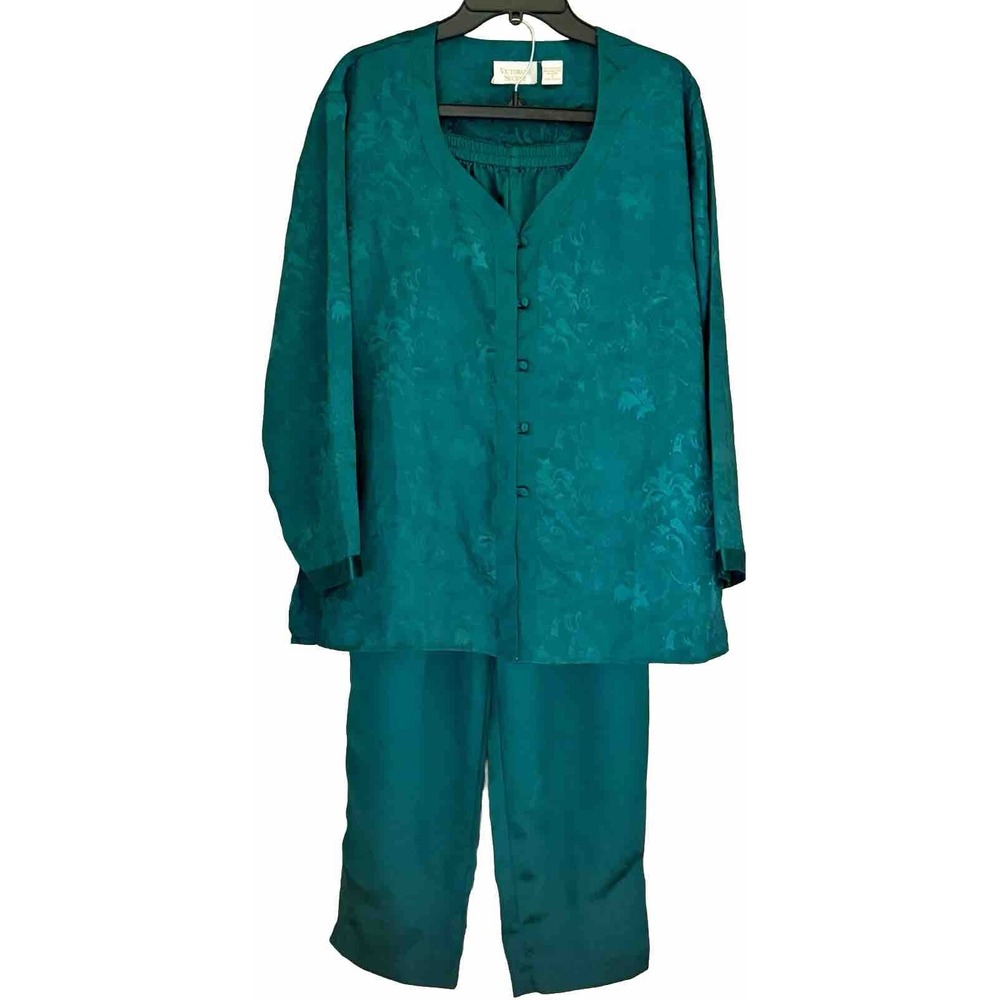 VICTORIA'S SECRET Gold Label Pajama Set V Neck Lounge Green Satin Vtg Sz M